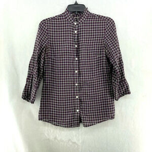 Tommy Hilfiger Button-Up Shirt Women's Sz S Purple Green Plaid Ruffle 3/4 Sleeve